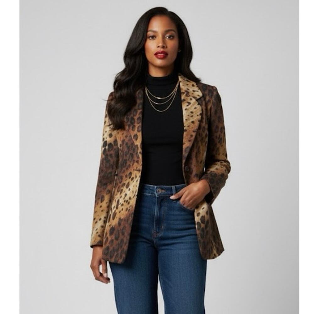 Linda Allard Ellen Tracy Blazer 2 Brown Leopard Print Single Breasted Jacket